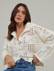 Cream Mock Crochet Collared Cardigan