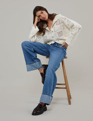 Cream Mock Crochet Collared Cardigan