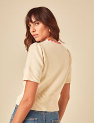 Cream Floral Embroidered Knitted T-Shirt