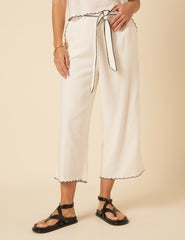 Cream Linen-blend Scallop Trim Wide Leg Cropped Trousers