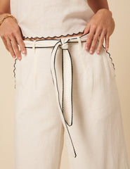Cream Linen-blend Scallop Trim Wide Leg Cropped Trousers