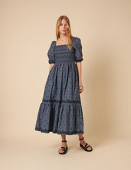 Blue Embroidered Tiered Milos Midi Dress