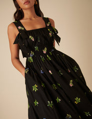Black Floral Embroidered Dallas Midi Dress