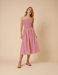 Pink Shirred Bandeau Sylvia Midi Dress