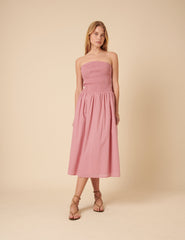 Pink Shirred Bandeau Sylvia Midi Dress