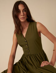 Khaki Button Down A-line Oak Midi Dress