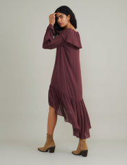 Burgundy Chiffon Ruffle Trim Koko Midi Smock Dress