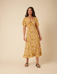 Yellow Floral Frill Sleeve Dalia Midi Dress
