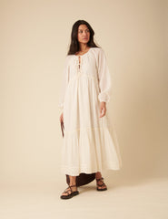 White Tie Front Balloon Sleeve Tiered Adley Midi Dress