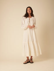 White Tie Front Balloon Sleeve Tiered Adley Midi Dress