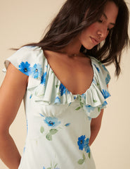 Blue Watercolour Floral Abelia Midi Dress