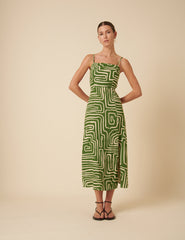 Green Linen-blend Abstract Maddy Midi Dress
