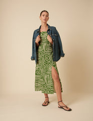 Green Linen-blend Abstract Maddy Midi Dress