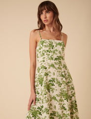 Cream Linen-blend Floral Maxine Midi Dress