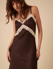 Brown Satin Lace Solene Maxi Dress