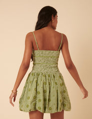 Green Gingham Embroidered Bubble Hem Sofia Mini Dress