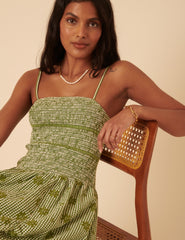 Green Gingham Embroidered Bubble Hem Sofia Mini Dress