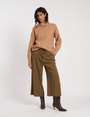 Camel Roll Neck Longline Knitted Jumper