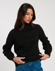 Black Roll Neck Pointelle Knitted Jumper