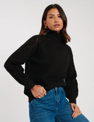 Black Roll Neck Pointelle Knitted Jumper