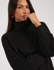 Black Roll Neck Pointelle Knitted Jumper