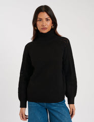 Black Roll Neck Pointelle Knitted Jumper