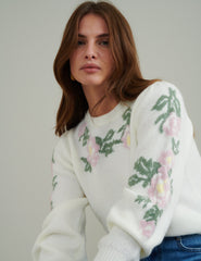 Cream Floral Crew Neck Knitted Jumper