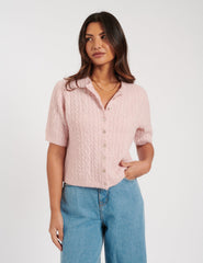 Pink Cable Knit Short Sleeve Cardigan