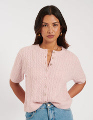 Pink Cable Knit Short Sleeve Cardigan