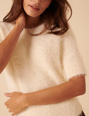 White Fluffy Short Sleeve Knitted Top