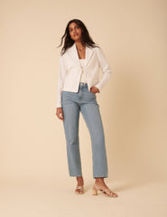 White Linen-blend Tie Front Jacket