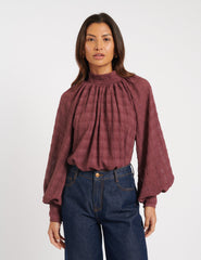 Purple Check Balloon Sleeve Blouse