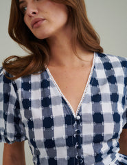 Blue Gingham Puff Sleeve Peplum Blouse