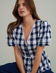Blue Gingham Puff Sleeve Peplum Blouse