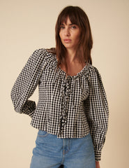 Black Gingham Tie Front Blouse