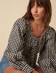 Black Gingham Tie Front Blouse