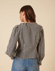 Black Gingham Tie Front Blouse