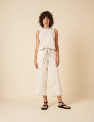 Cream Linen-blend Scallop Trim Swing Top