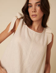 Cream Linen-blend Tie Shoulder Swing Top