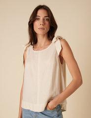 Cream Linen-blend Tie Shoulder Swing Top
