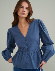 Blue Balloon Sleeve Ria Blouse