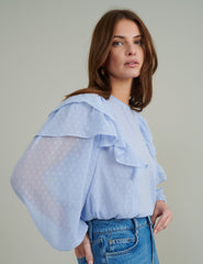 Blue Spot Chiffon Ruffle Blouse