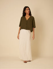 Green Linen-blend V-Neck Shirt