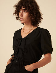 Black Tie-Front Bernadetta Blouse