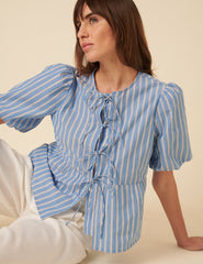 Blue Striped Tie Front Blouse