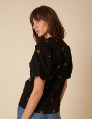 Black Floral Embroidered Tie-Front Birdie Blouse