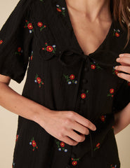 Black Floral Embroidered Tie-Front Birdie Blouse