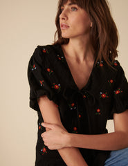 Black Floral Embroidered Tie-Front Birdie Blouse