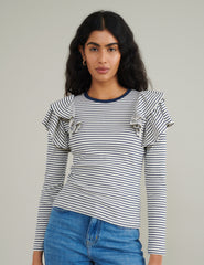 Blue And White Stripe Frill Shoulder Top