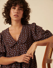 Brown Floral Collared Blouse